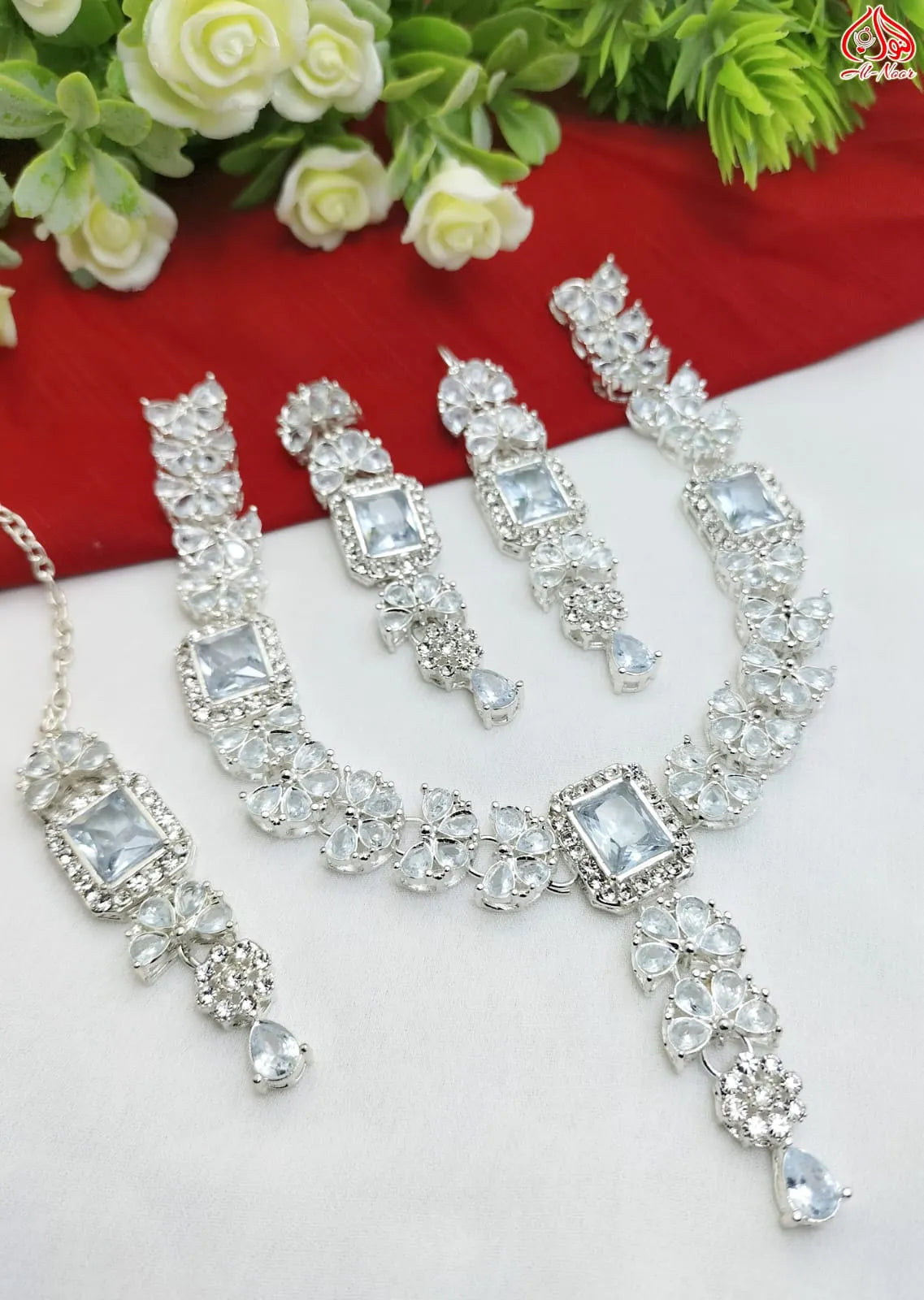Bridal Jewellery Set - Beautiful Zarcon Necklace - Drop Earrings Pair & Tika