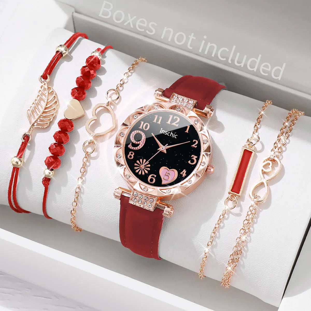6PCS/Set Women's Watch Fashion Roma Heart Dial Leather Band Quartz