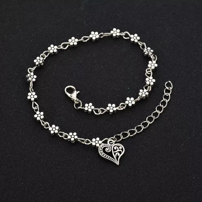Antique Heart Anklet Payal for Girls and women Simple Silver Foot Bracelet