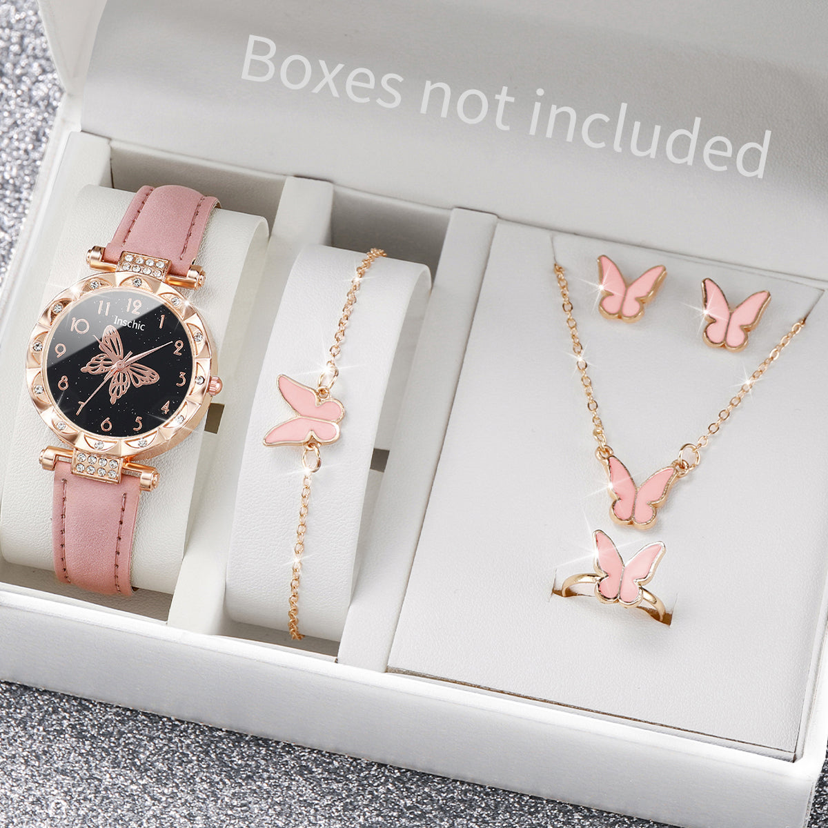 6PCS/Set Fashion Butterfly Dial Women's Watch Leather Band Quartz Watches Jewelry Set