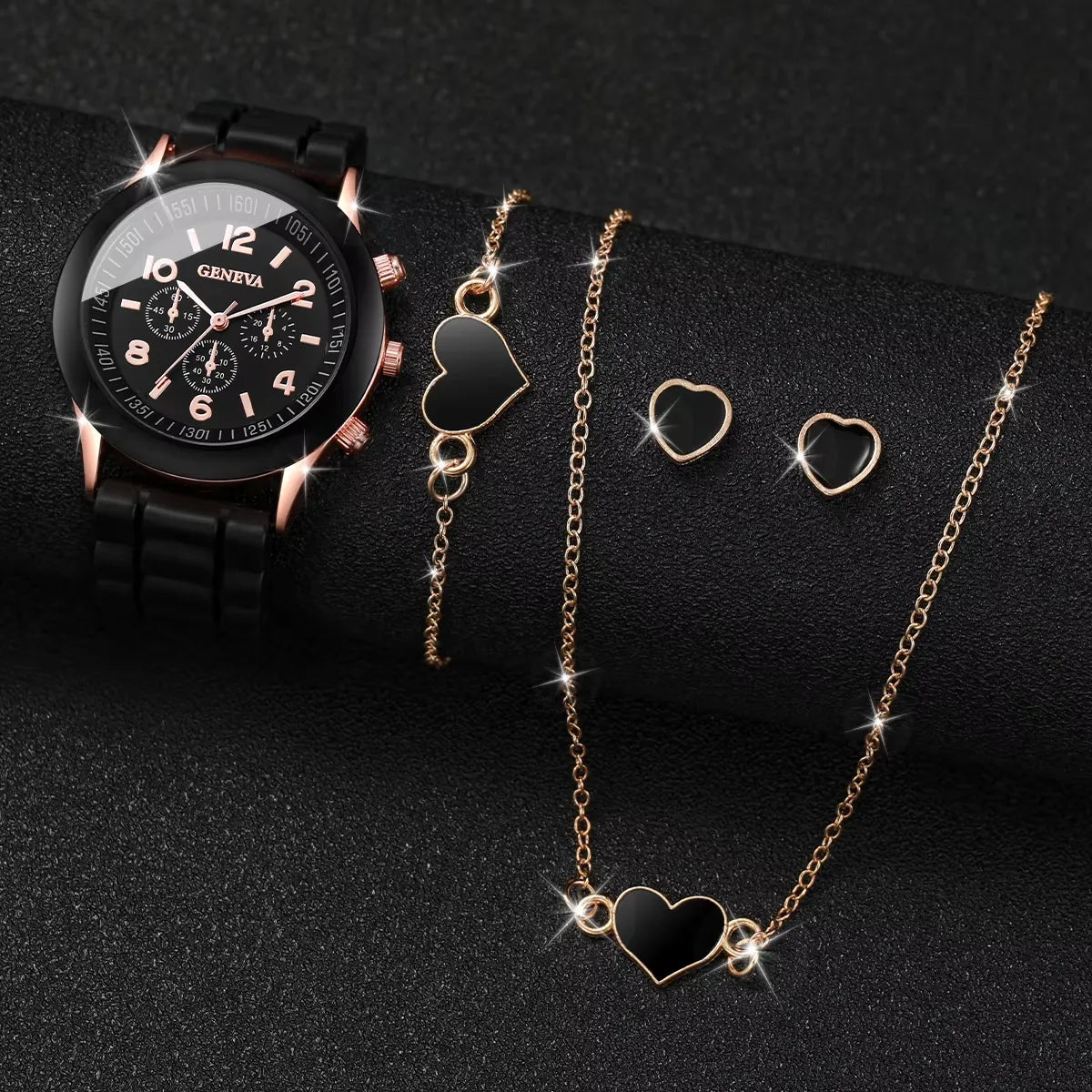 4pcs/set Geneva Watch Fashion Silicone Band Women Quartz Watches Heart Jewelry