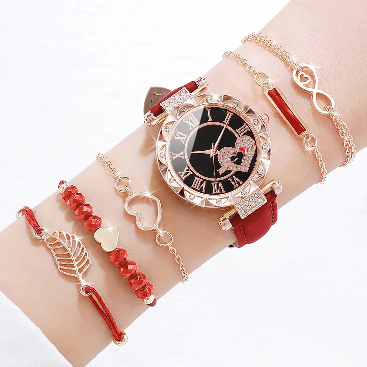 6PCS/Set Women's Watch Fashion Roma Heart Dial Leather Band Quartz