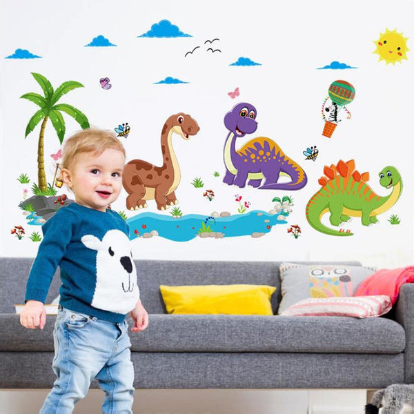 Dinosaur World Wall Sticker Cartoon Beach Tree Wall Paper For Kids Room
