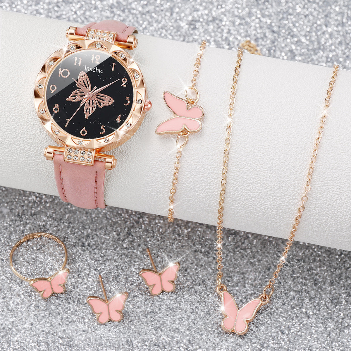 6PCS/Set Fashion Butterfly Dial Women's Watch Leather Band Quartz Watches Jewelry Set