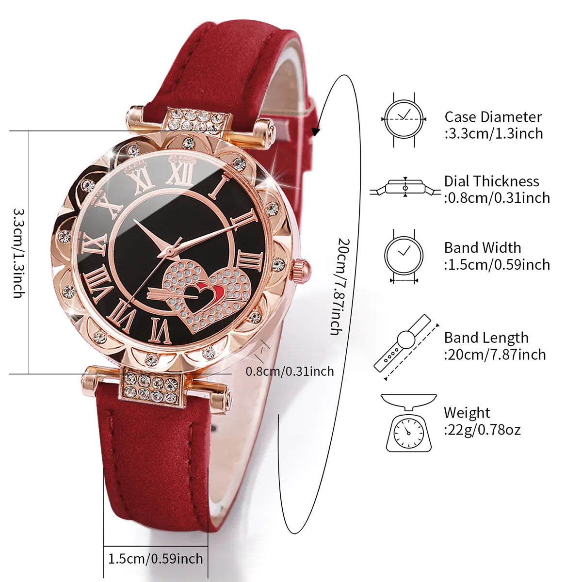 6PCS/Set Women's Watch Fashion Roma Heart Dial Leather Band Quartz