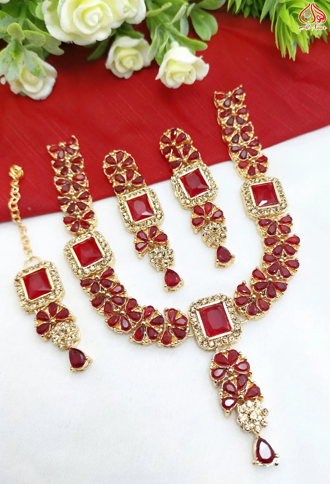 Bridal Jewellery Set - Beautiful Zarcon Necklace - Drop Earrings Pair & Tika