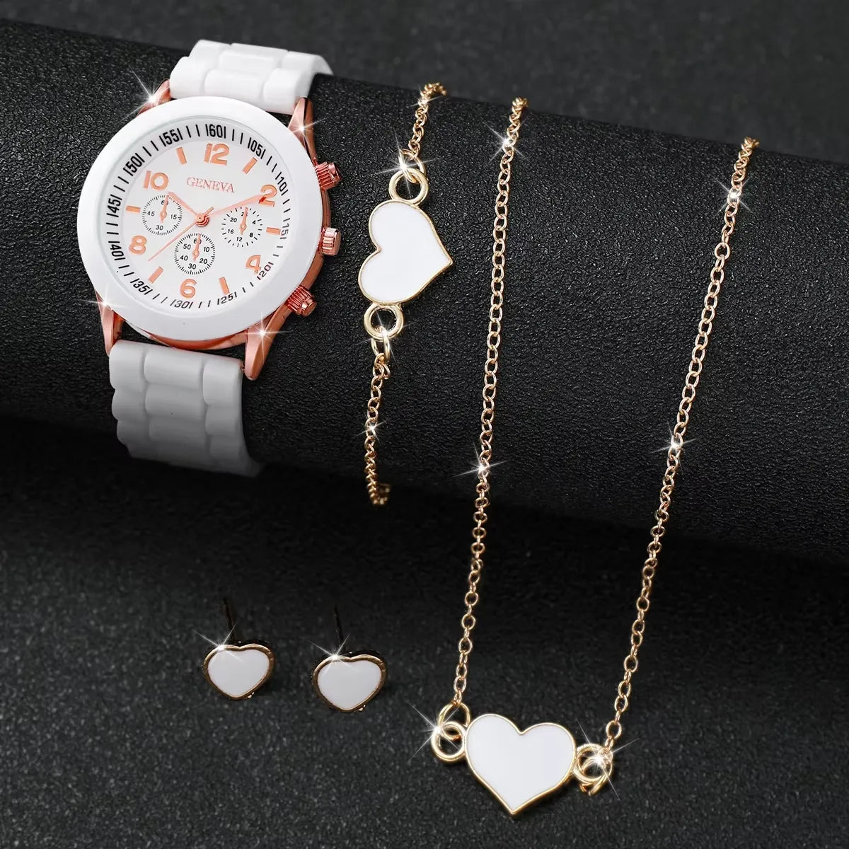 4pcs/set Geneva Watch Fashion Silicone Band Women Quartz Watches Heart Jewelry