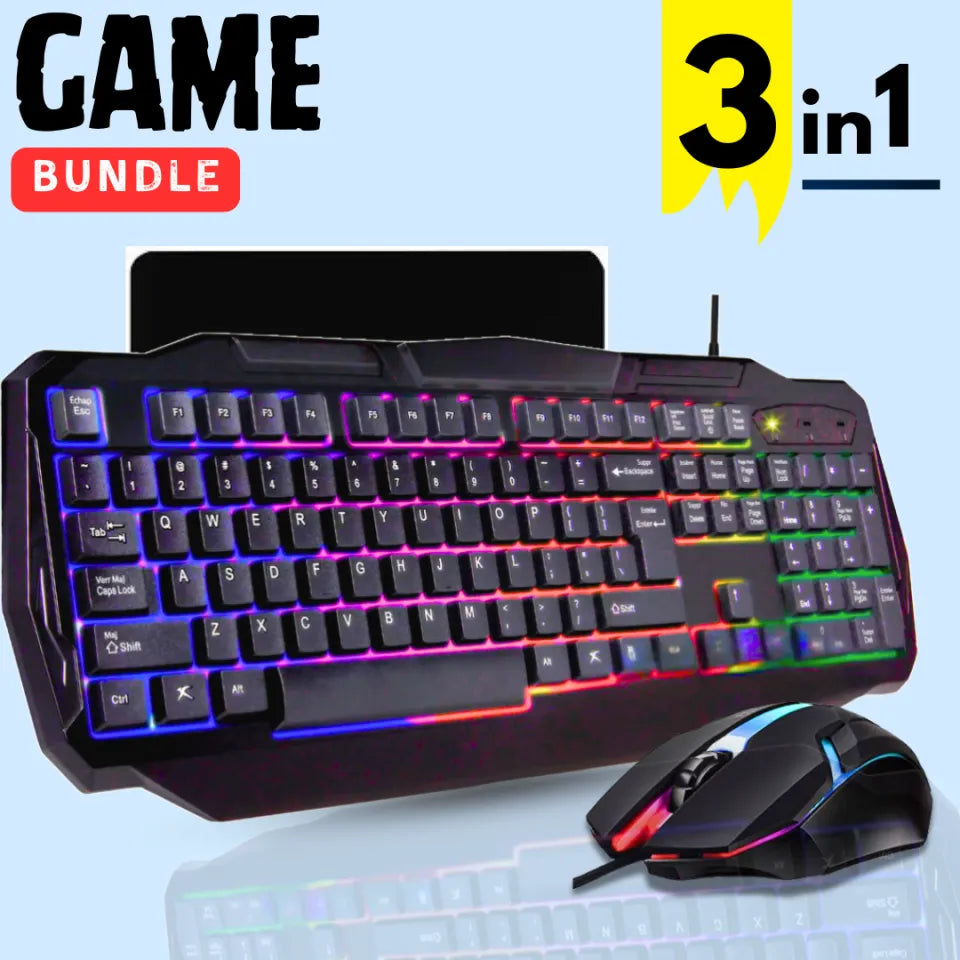 3pcs Gaming Bundle – Mechanical Feel Keyboard, 7-Color Backlit with Light Control