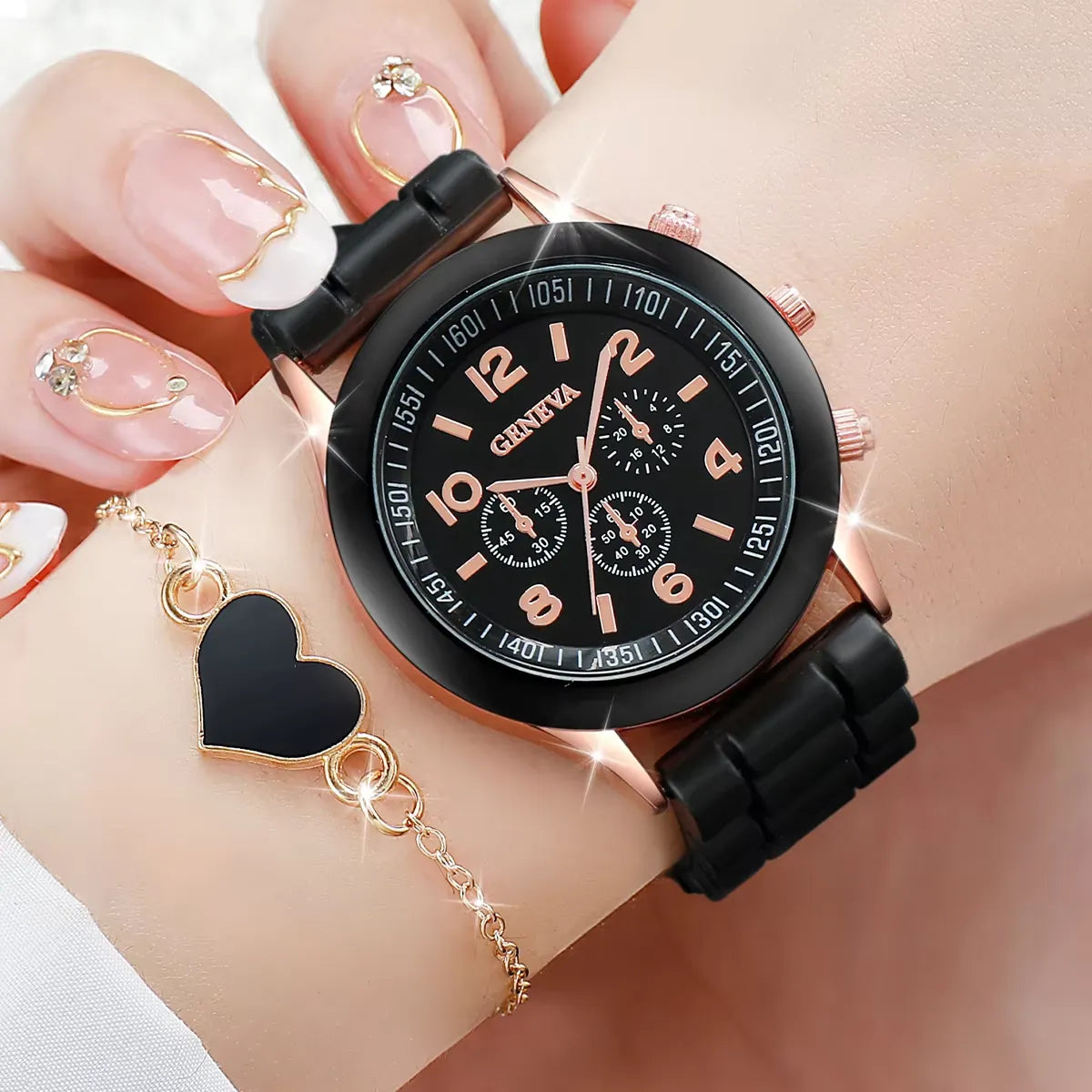 4pcs/set Geneva Watch Fashion Silicone Band Women Quartz Watches Heart Jewelry