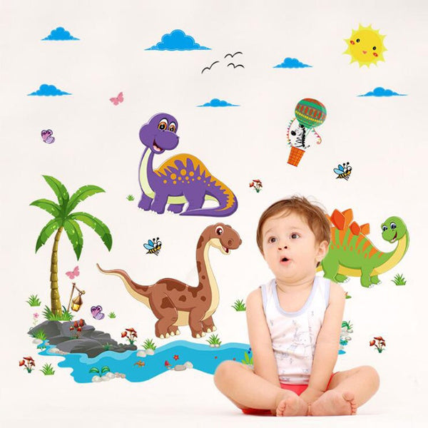 Dinosaur World Wall Sticker Cartoon Beach Tree Wall Paper For Kids Room