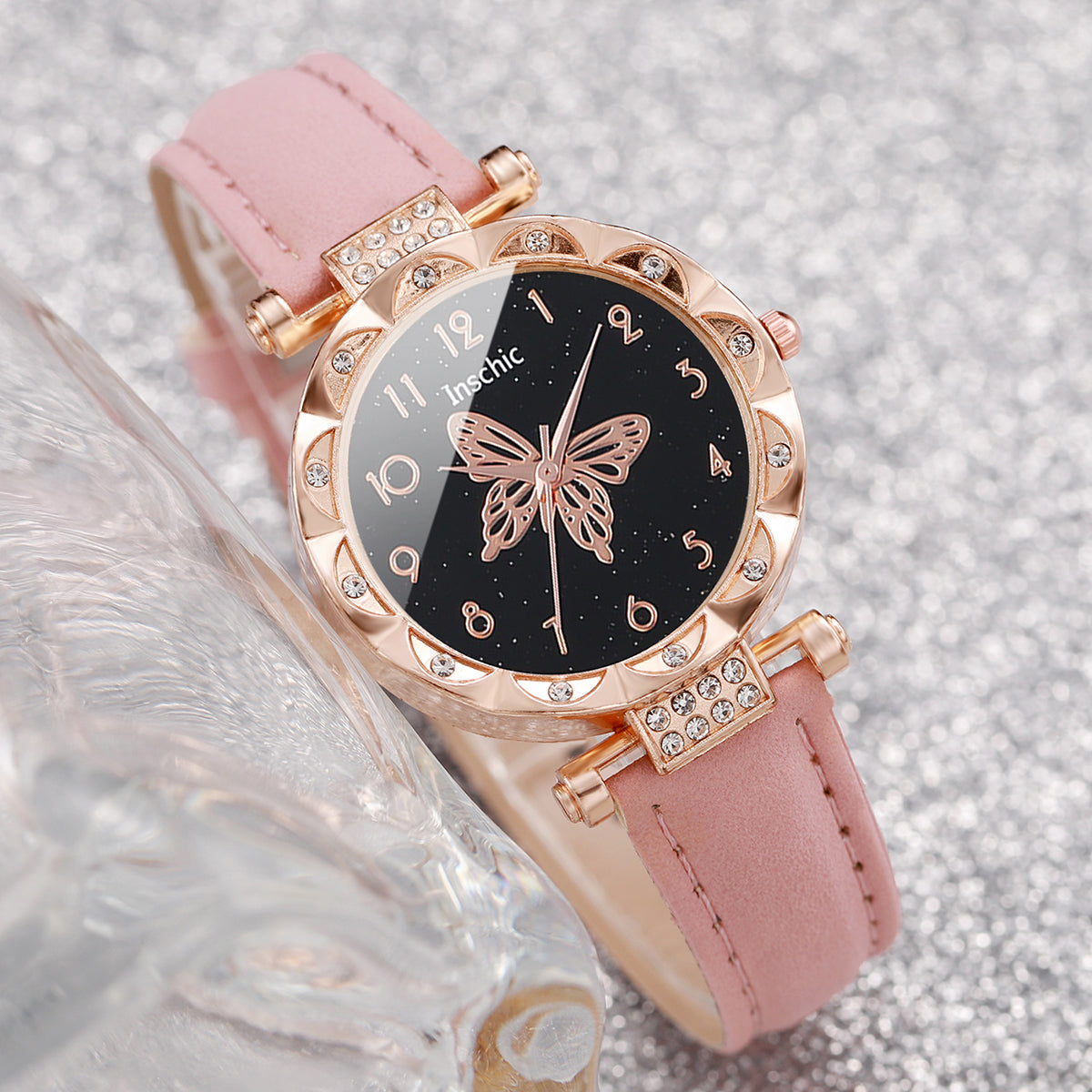 6PCS/Set Fashion Butterfly Dial Women's Watch Leather Band Quartz Watches Jewelry Set