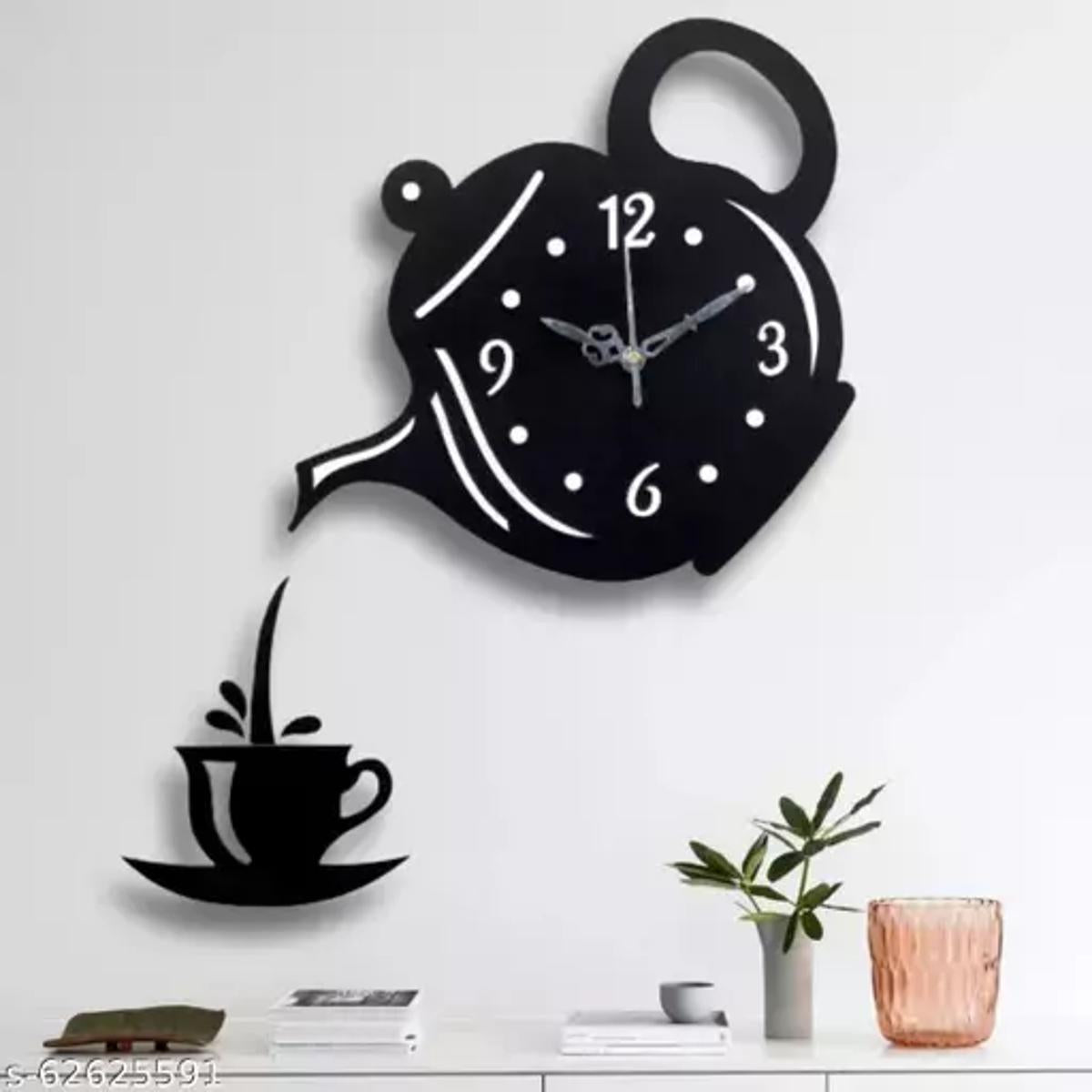 Wooden Kitchen Wall Clock with Coffee Cup and Kettle Design