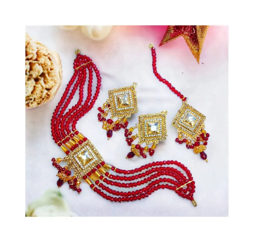 new fancy pearl choker patti set with earrings and tika for girls and woman