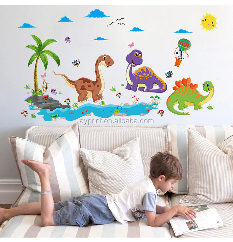 Dinosaur World Wall Sticker Cartoon Beach Tree Wall Paper For Kids Room