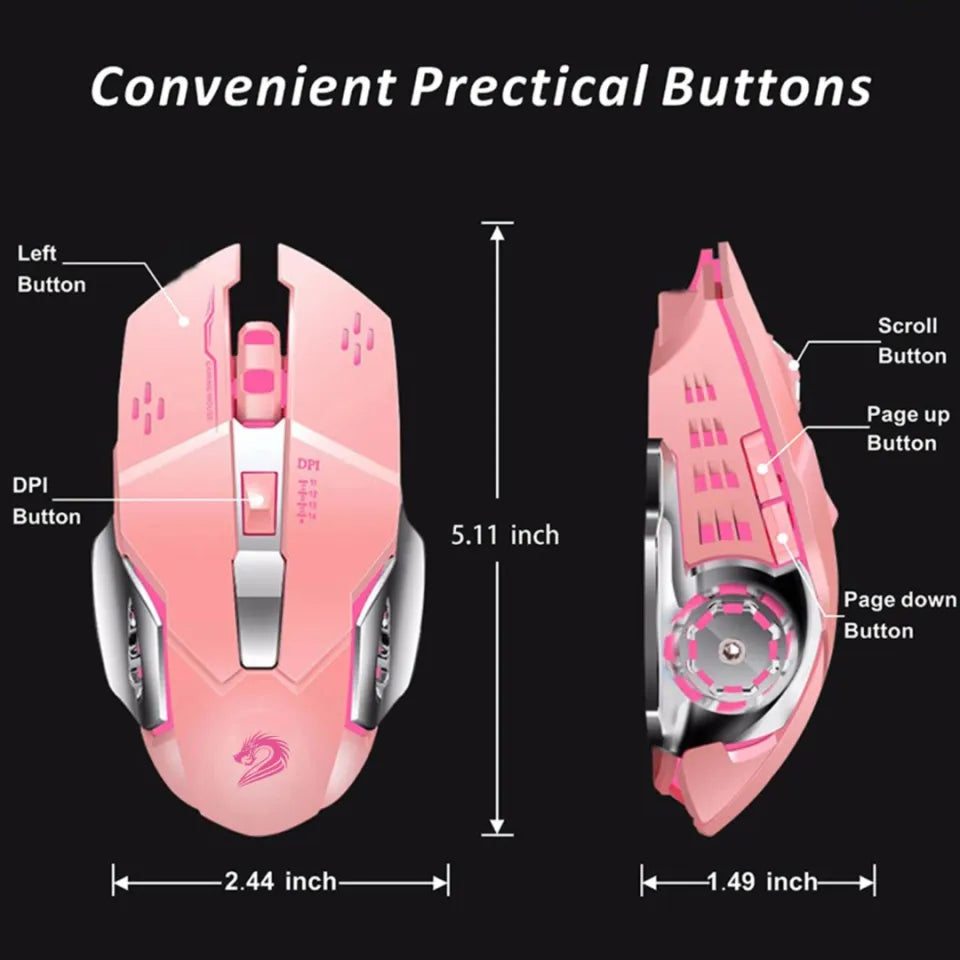Rose Gold Wireless Gaming Mouse RGB with 3200dpi - Breathing LED Light
