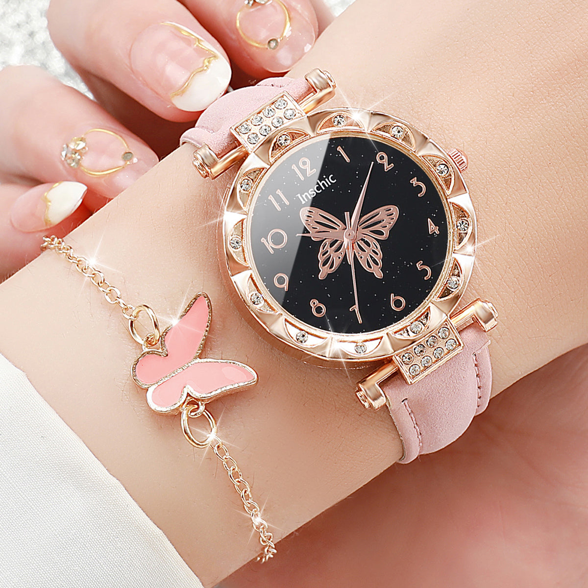6PCS/Set Fashion Butterfly Dial Women's Watch Leather Band Quartz Watches Jewelry Set