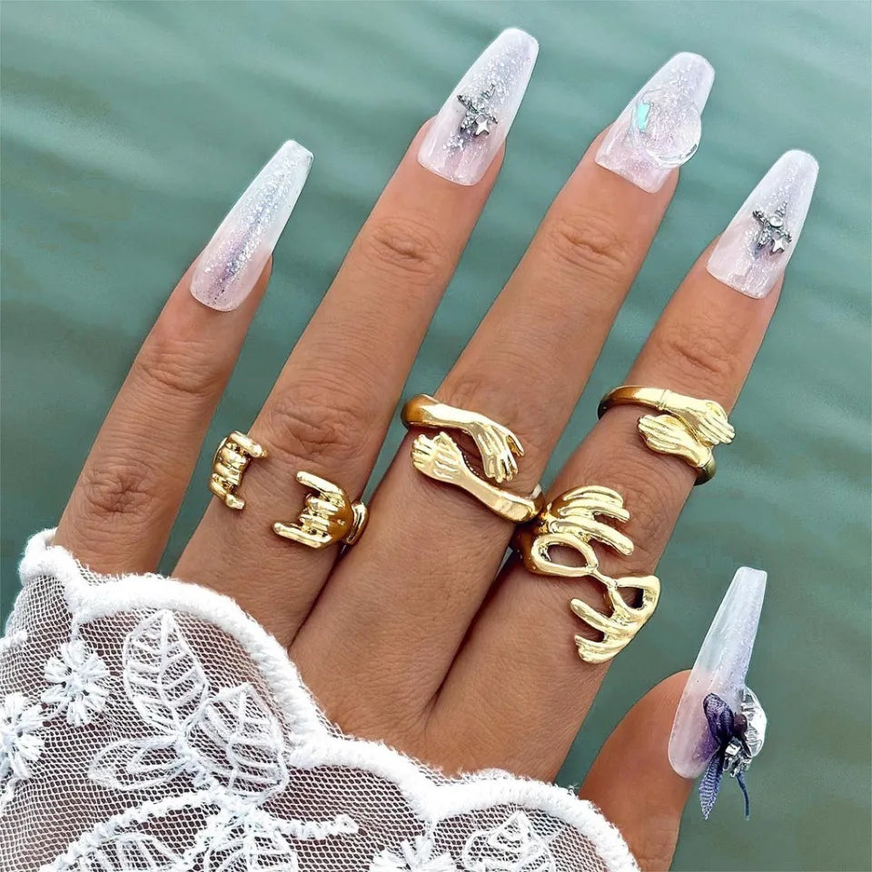 New 2025 Elegant Gold Metal Exaggerated Geometric Arcs Open Rings Set