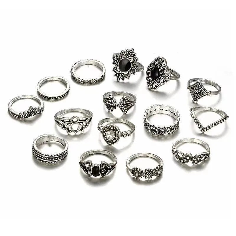 15 pcs/Set Alloy Silver Black Stone Party Anillo/Crown Elephant Rings For Girls