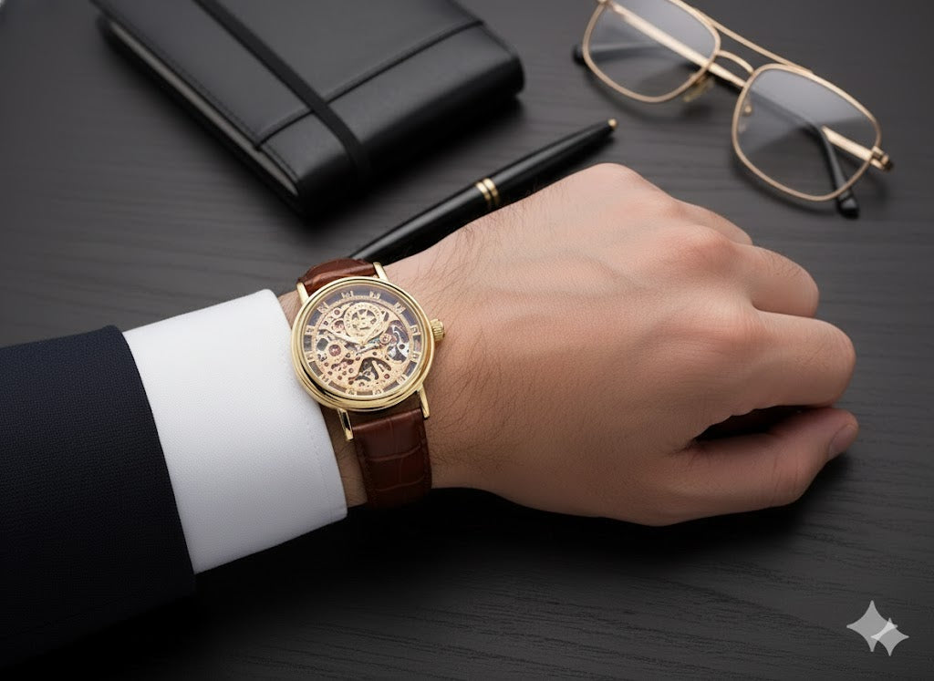 Brown Leather Skeleton Watch for Men | Leather Strap
