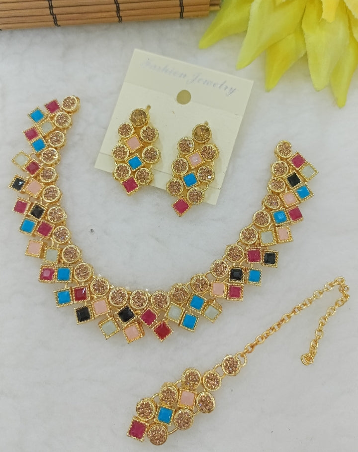 Golden Crestal Jewellery Badam Style Jadao Nagina Jewellery Set