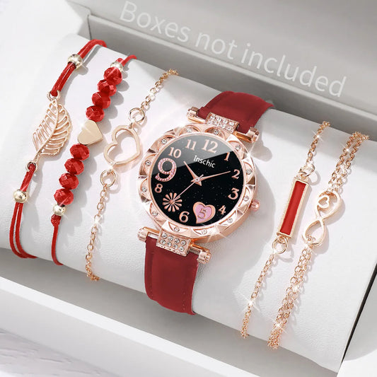 6PCS/Set Women's Watch Fashion Roma Heart Dial Leather Band Quartz