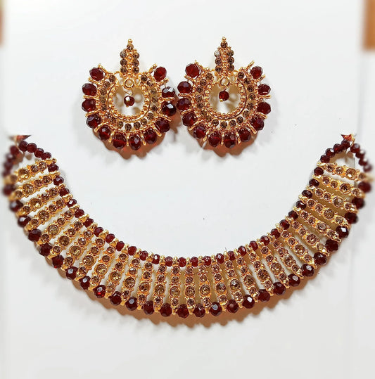 Black colour artificial jewellery set of round crystal earrings and chowker neckless