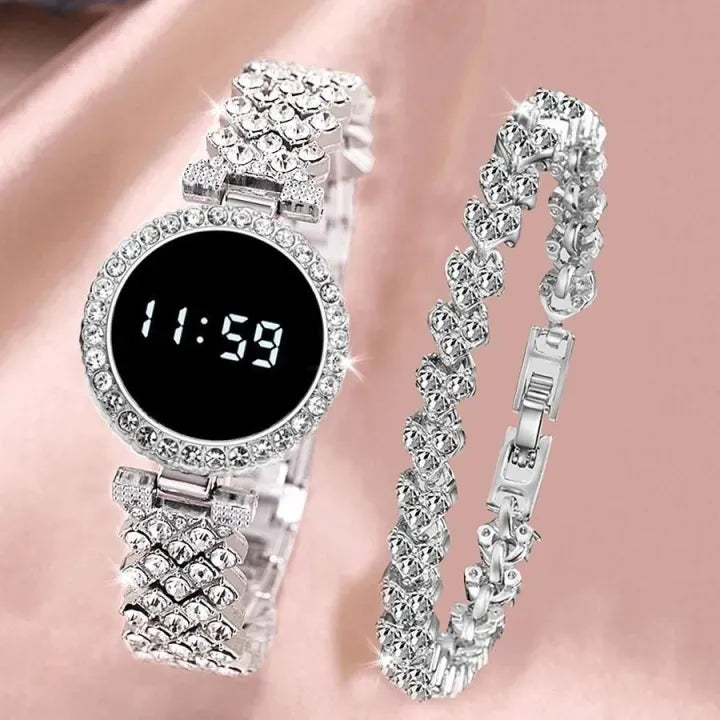 Diamond Touch Screen LED Watch For Ladies | Stainless Steel Chain in Round Dial