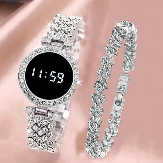 Diamond Touch Screen LED Watch For Ladies | Stainless Steel Chain in Round Dial