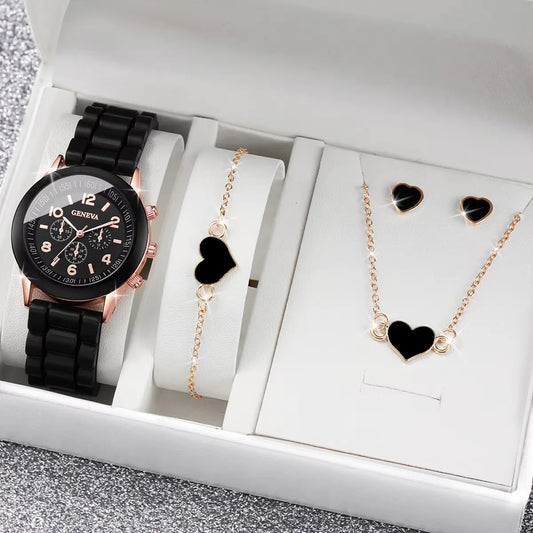4pcs/set Geneva Watch Fashion Silicone Band Women Quartz Watches Heart Jewelry