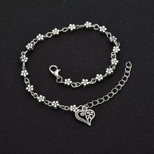 Antique Heart Anklet Payal for Girls and women Simple Silver Foot Bracelet