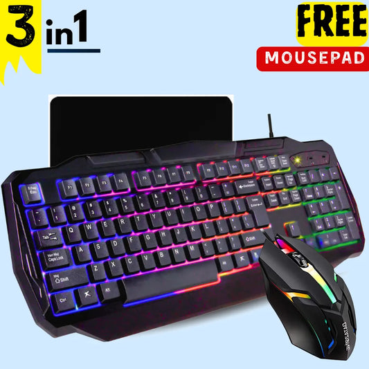 3pcs Gaming Bundle – Mechanical Feel Keyboard, 7-Color Backlit with Light Control