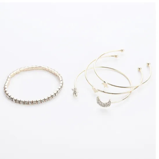 4PCS Set Open Bangle Delicate Star Moon Crystal Bracelet For Women