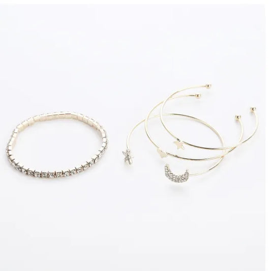 4PCS Set Open Bangle Delicate Star Moon Crystal Bracelet For Women