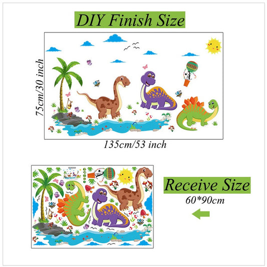 Dinosaur World Wall Sticker Cartoon Beach Tree Wall Paper For Kids Room