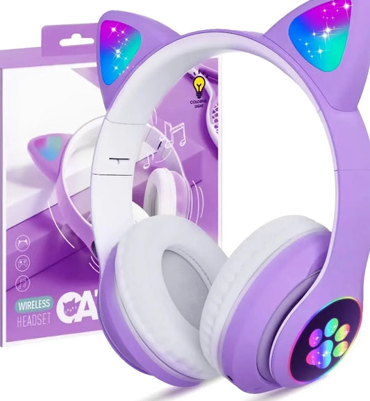 Cat Ear Wireless Bluetooth Headphones for Girls with LED Light and Microphone