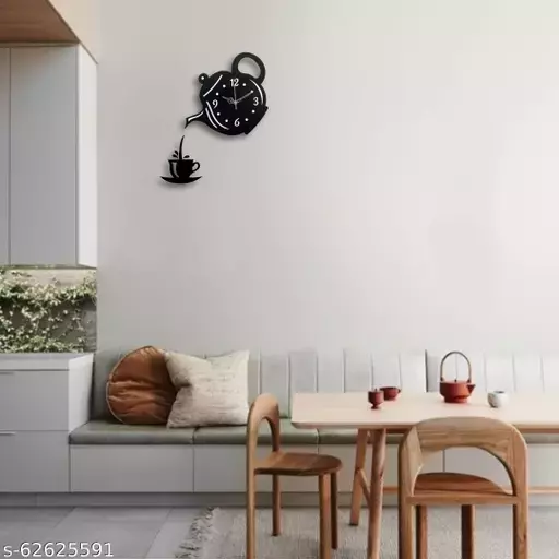 Wooden Kitchen Wall Clock with Coffee Cup and Kettle Design