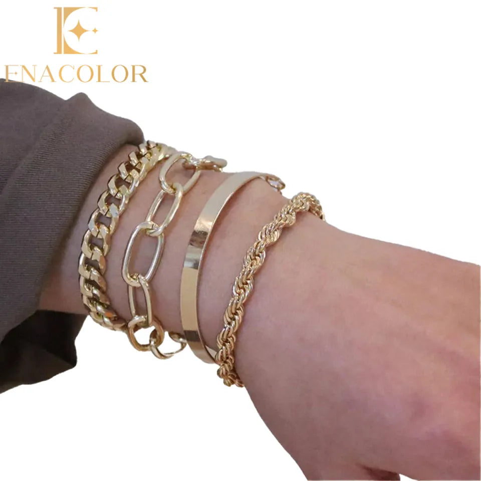 Enacolor Hop Cuba Gold Metal Chain Bracelet Female 4Pcs Punk Elegant