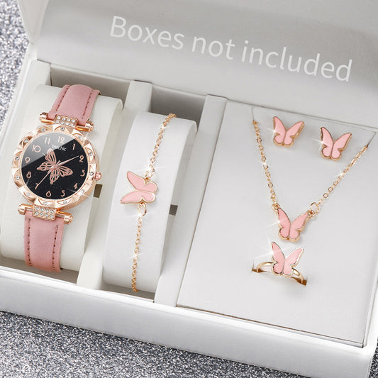 6PCS/Set Fashion Butterfly Dial Women's Watch Leather Band Quartz Watches Jewelry Set