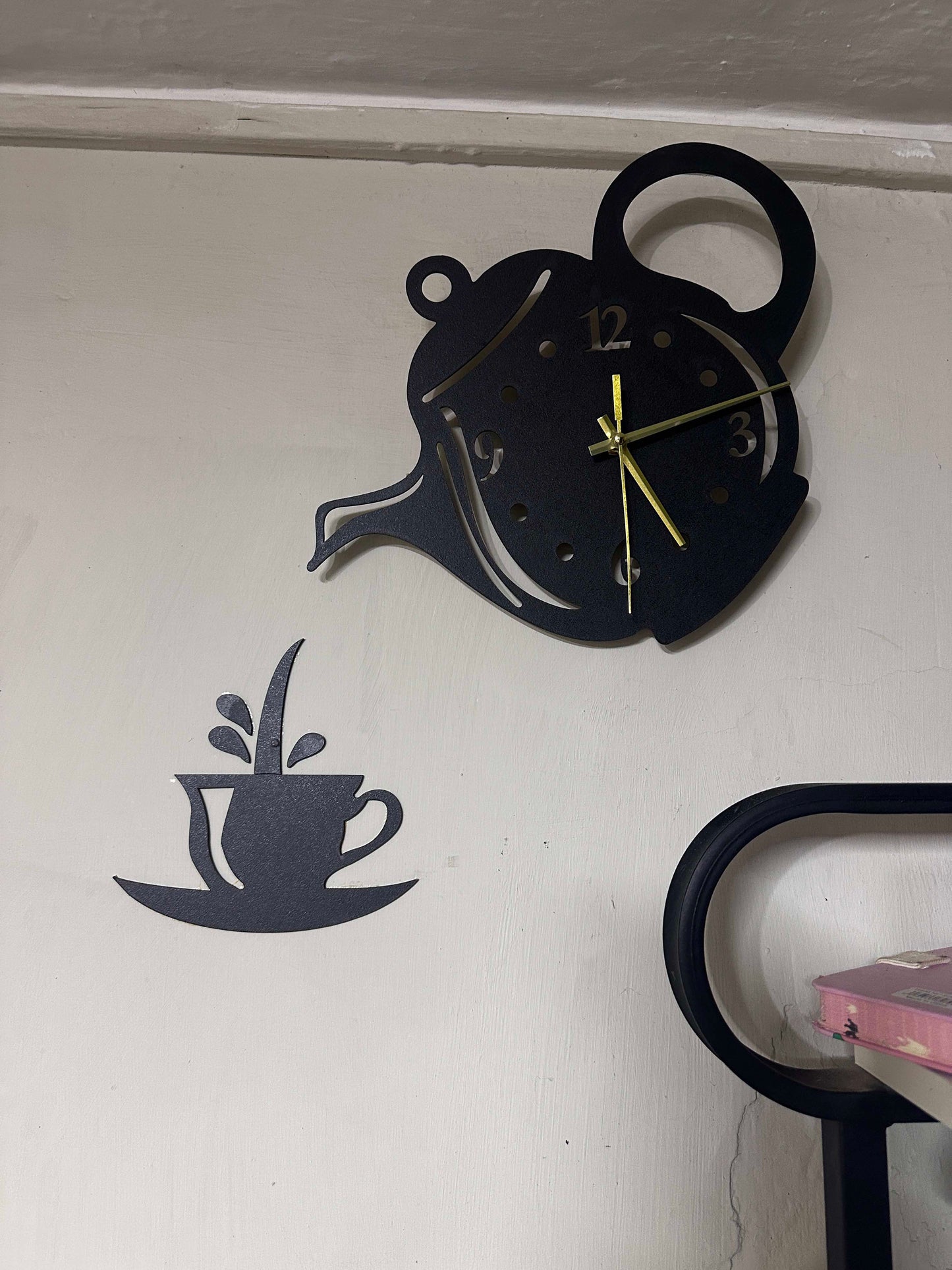 Wooden Kitchen Wall Clock with Coffee Cup and Kettle Design