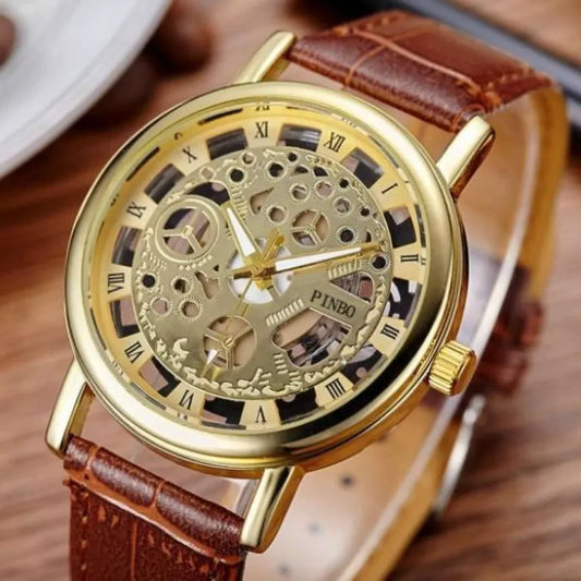 Brown Leather Skeleton Watch for Men | Leather Strap