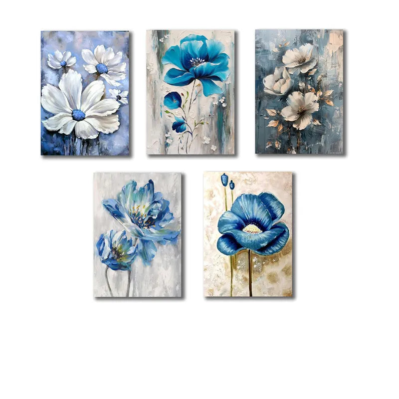 set of 5 blue flowers wall art wooden frames for home decoration