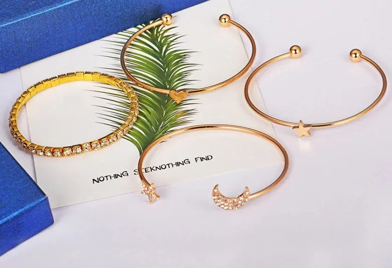 4PCS Set Open Bangle Delicate Star Moon Crystal Bracelet For Women