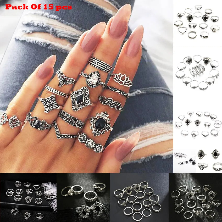 15 pcs/Set Alloy Silver Black Stone Party Anillo/Crown Elephant Rings For Girls