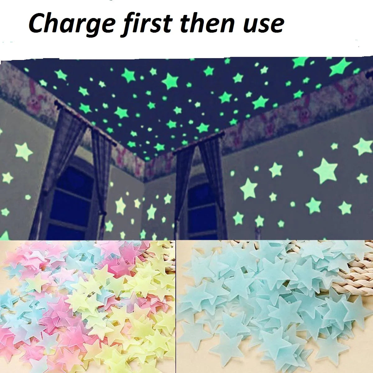 Pack of 100 3D Stars Glow in the Dark Wall Stickers Luminous Fluorescent for Kids Room