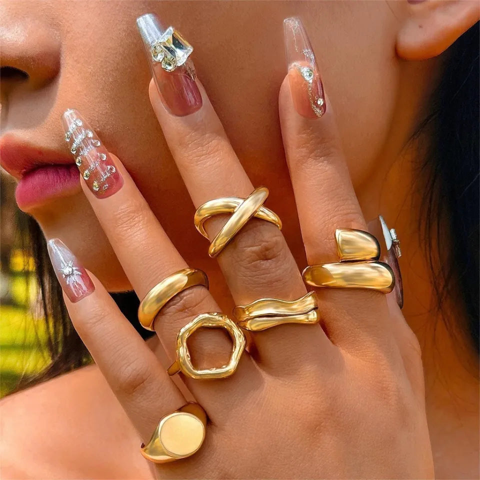 New 2025 Elegant Gold Metal Exaggerated Geometric Arcs Open Rings Set