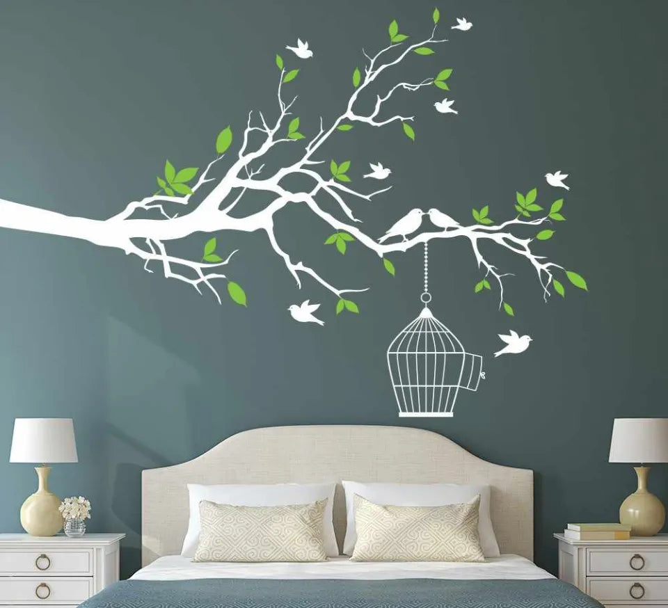 Tree Branch with Bird Cage Wall Art Sticker,