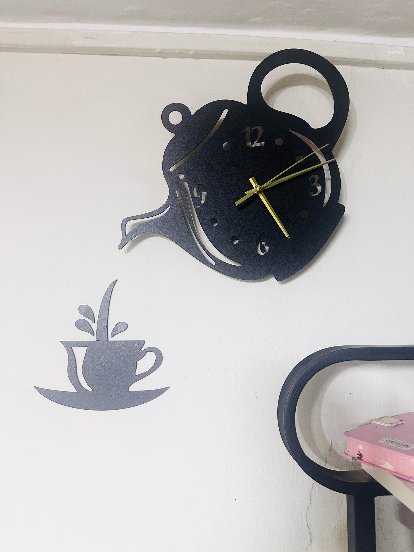 Wooden Kitchen Wall Clock with Coffee Cup and Kettle Design