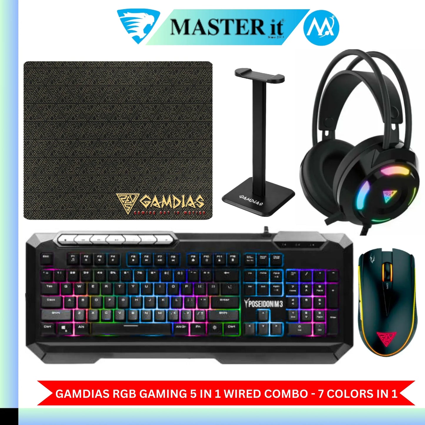 RGB Gaming Keyboard & Mouse & Headphone & Mousepad & Headphone Stand - 5 in 1