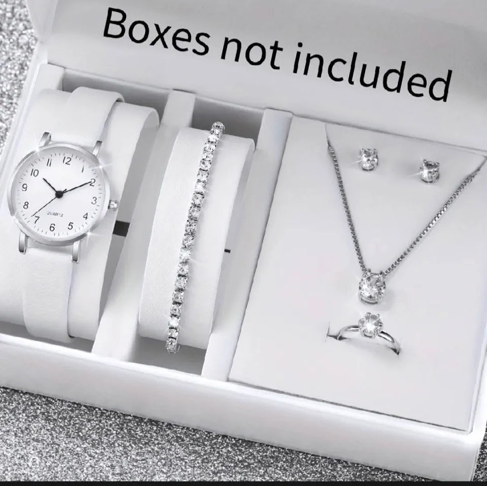 Fashionable Minimalist Numeric Markers Dial Quartz Watch And Jewelry Set (5pcs/Set)