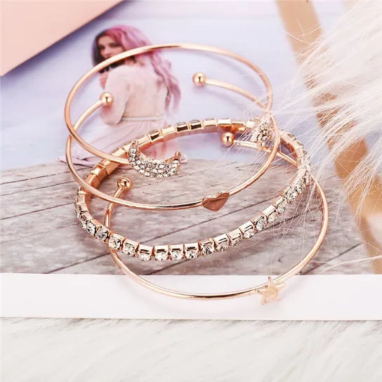 4PCS Set Open Bangle Delicate Star Moon Crystal Bracelet For Women